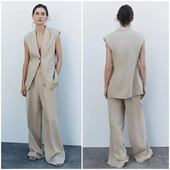 NWT ZARA High Waist Linen Blend Darted Trouser Pant in Camel Size XL - Picture 2 of 9